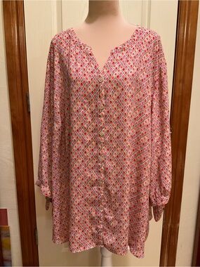 Catherines Pink and Orange Geometric Button-Up Top Tie Sleeves 4X 30/32